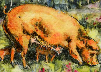 Mama And Piglets  Sally Probasco Madison WI mixed media  SOLD